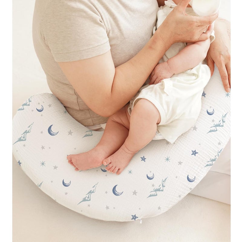 Coreeky Muslin Nursing Pillow Covers, 2 Pack, Soft & Adorable Slipcovers with Zipper Closure, 100% Cotton Covers for Breastfeeding Pillows (Blue, Moons) - Image 2